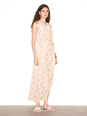 【粉雾晚霞】品牌定染字母印花桑蚕丝无袖立裁连衣裙