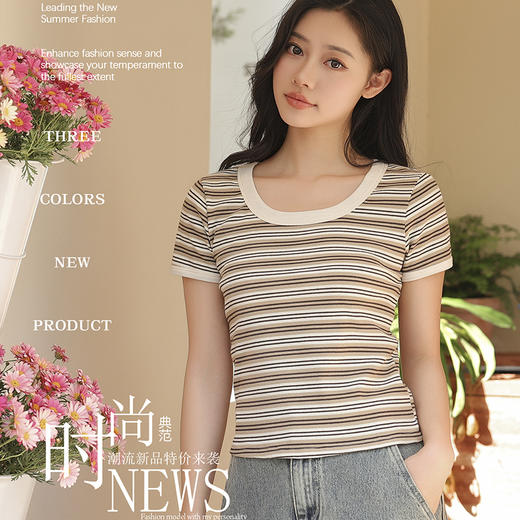 撞色条纹短款圆领正肩t恤女夏季设计感小众薄款SZ2755 商品图3