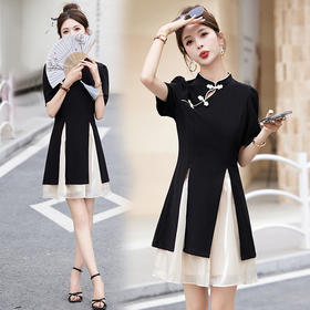 时尚新中式，旗袍盘扣上衣配网纱半身短款茶系两件套HR-HRYZ9650