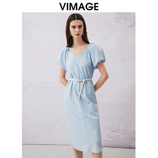 VIMAGE纬漫纪夏季新款法式复古泡泡袖V领收腰气质连衣裙V2107754 商品图3