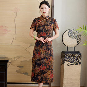 HRFS-23929新中式风香云纱立领上新复古优雅印花中长裙