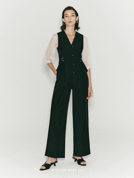 【午夜微光】缝线设计可调节腰带纱袖连体裤 商品图1