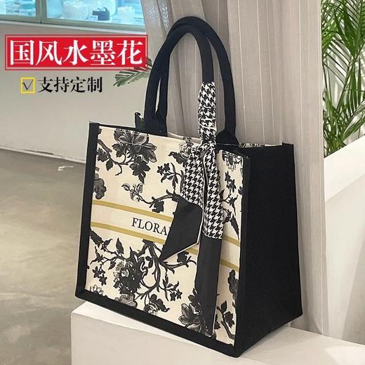 水墨花帆布袋便携式手提包国潮复学生拎书袋 商品图0