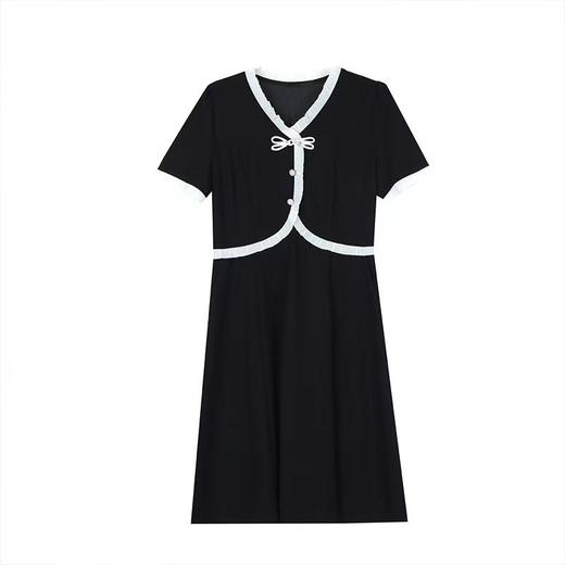 AHM-6398新中式国风假两件连衣裙新款V领黑色盘扣收腰显瘦裙子 商品图4
