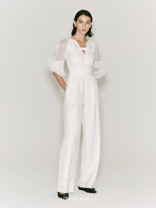 【琴键】细条纹缠绕线条收腰纱袖醋酸连体裤 商品图1