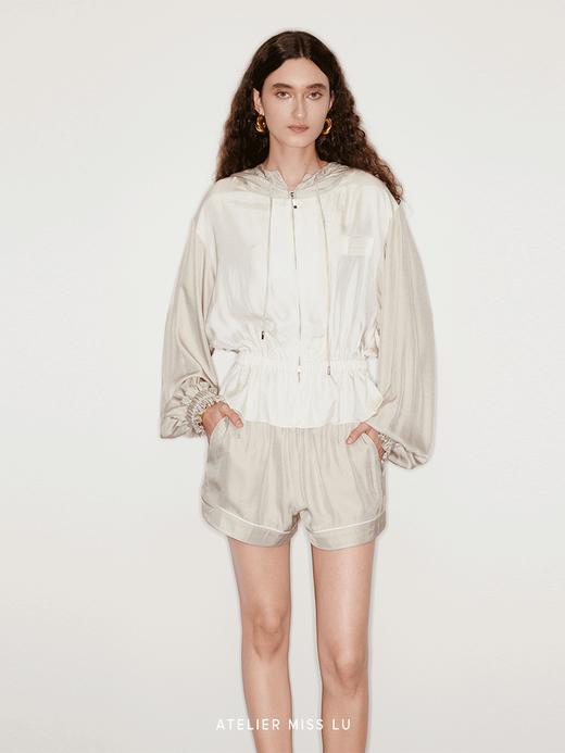 【香槟沙滩】撞色拼接复古连帽拉链醋酸上衣 商品图1