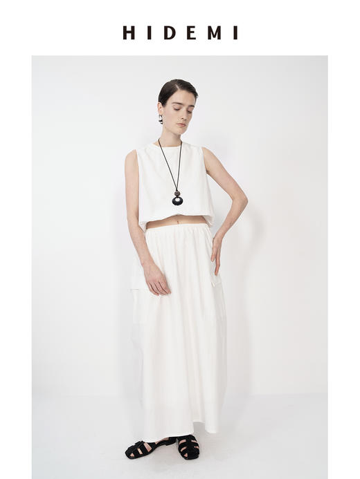 HIDEMI 微褶皱水洗棉简约设计大口袋休闲伞状上衣半身裙套装 商品图3