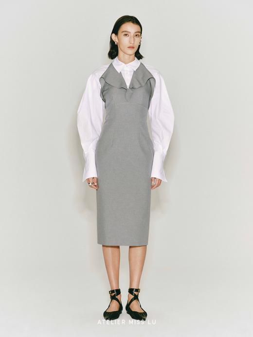 【尘埃浪花】波浪领撞色拼接露背挂脖修身连衣裙 商品图1