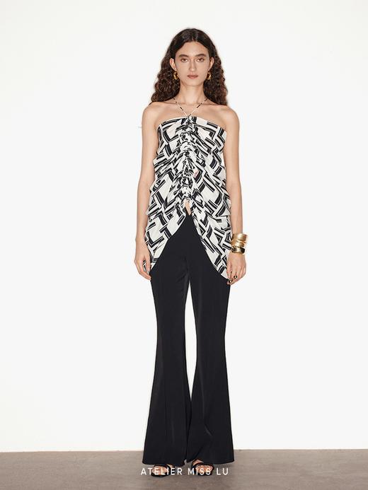 【黑巧沙冰】品牌定染字母印花桑蚕丝挂脖抽褶上衣 商品图0