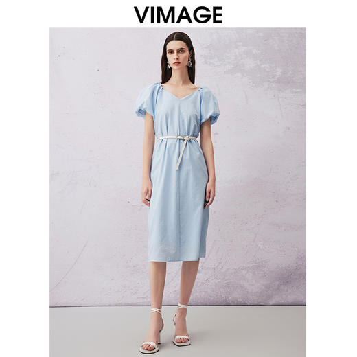 VIMAGE纬漫纪夏季新款法式复古泡泡袖V领收腰气质连衣裙V2107754 商品图0