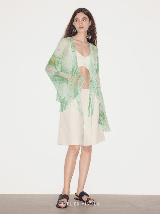 【科莫湖】品牌定染印花桑蚕丝荷叶边阔袖上衣 商品图2