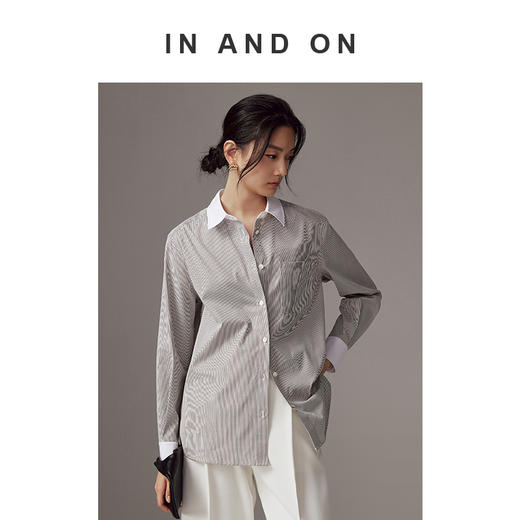 54128   IN AND ON 新款 条纹撞白拼接长袖衬衫 RJ004 商品图1