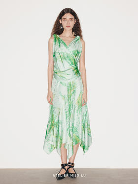 【绿洲旷野】品牌定染印花交叉露背假两件连衣裙