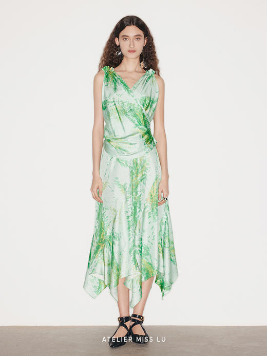 【绿洲旷野】品牌定染印花交叉露背假两件连衣裙 商品图0