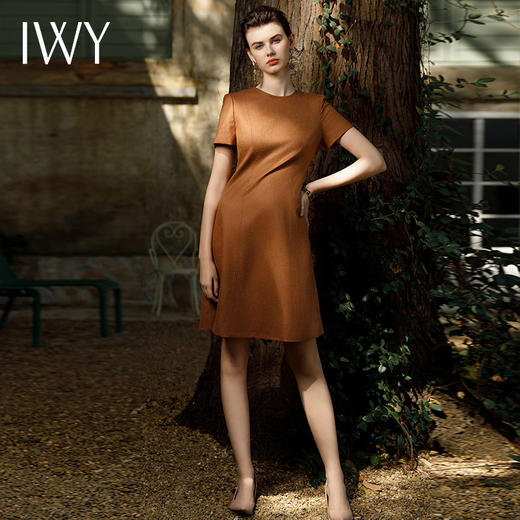 IWY/卡其色收腰连衣裙女夏季圆领短袖长裙气质法式通勤正装Q1061 商品图2