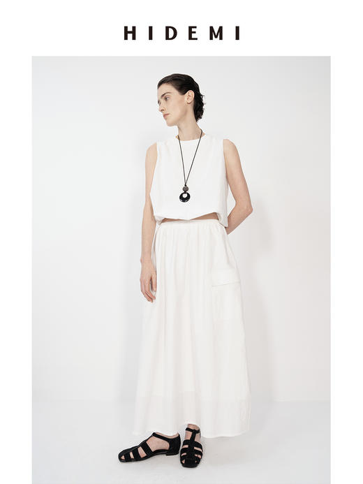 HIDEMI 微褶皱水洗棉简约设计大口袋休闲伞状上衣半身裙套装 商品图1