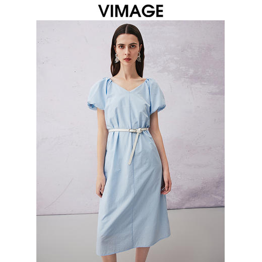 VIMAGE纬漫纪夏季新款法式复古泡泡袖V领收腰气质连衣裙V2107754 商品图5