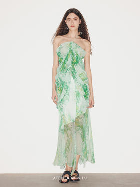 【绿野狂欢】品牌定染印花桑蚕丝挂脖抽褶上衣