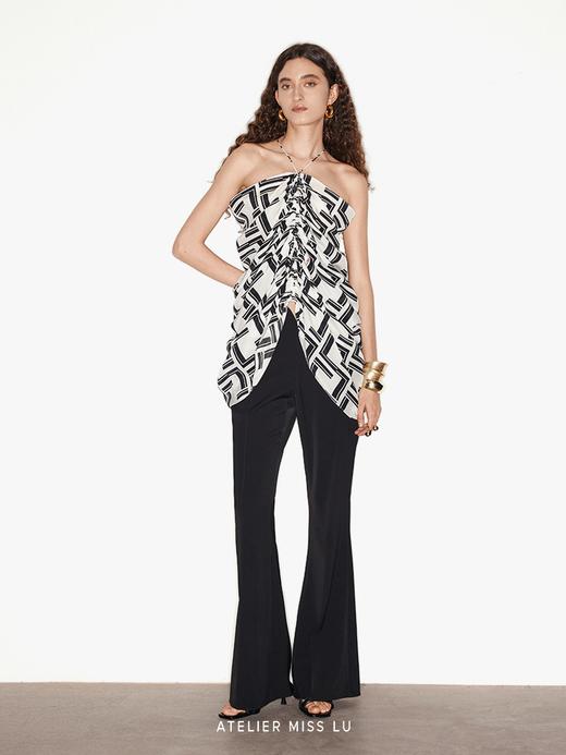 【黑巧沙冰】品牌定染字母印花桑蚕丝挂脖抽褶上衣 商品图1