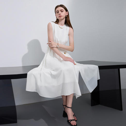 三彩2024夏季新款二醋酸仿麻小白裙无袖收腰A字裙极简风长裙优雅S 商品图2