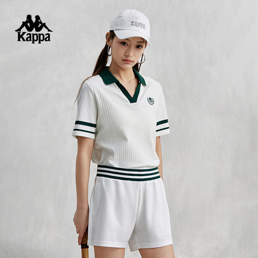 Kappa卡帕复古短袖POLO衫2024新款女夏V领半袖撞色T恤K0E42PD02D 商品图2