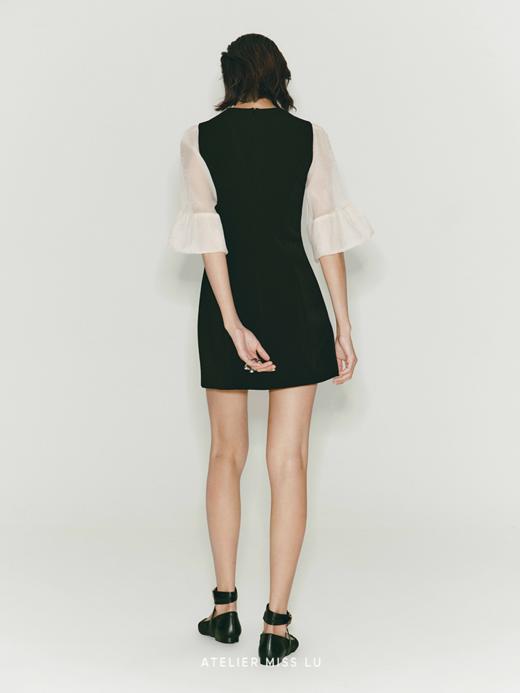 【夜色花园】蝴蝶结撞色拼接花苞纱袖收腰连衣裙 商品图2