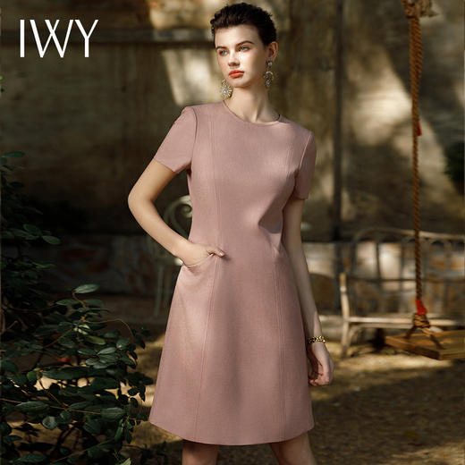 IWY/夏季短袖连衣裙女高级感小个子长裙藕粉色收腰职业通勤工作服Q1061 商品图1