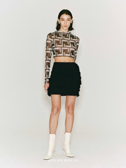 【黑加仑】褶皱设计不规则拼接弹力修身半裙 商品图0