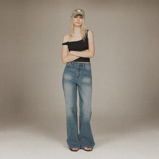 NUTH“多元“俏皮刺绣复古百搭中高腰宽松直筒显瘦蓝色牛仔裤女 商品图4