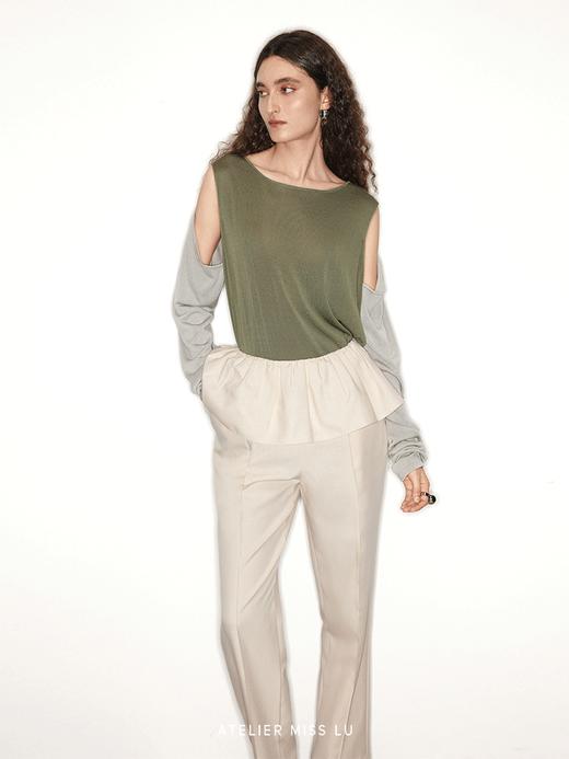 【奶霜抹茶】撞色拼接假两件露肩针织上衣 商品图2