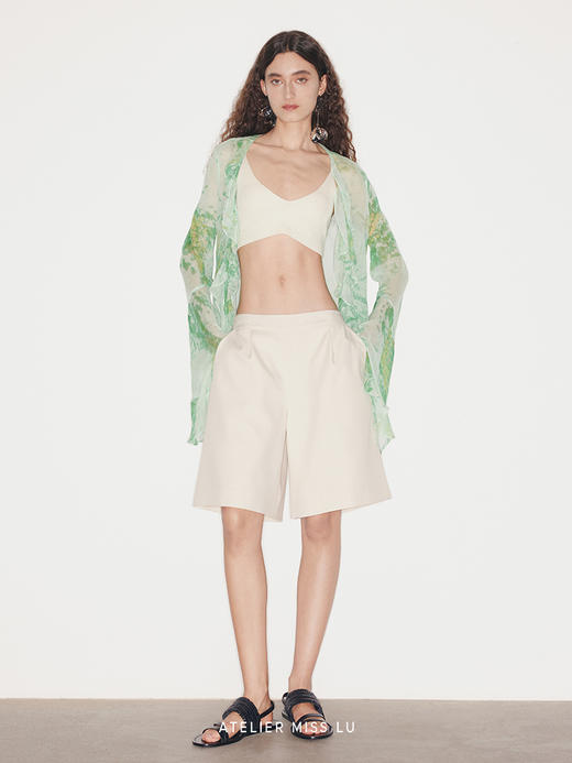 【科莫湖】品牌定染印花桑蚕丝荷叶边阔袖上衣 商品图0