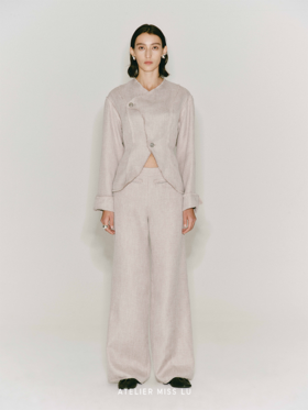 【落日浪沙】毛边设计交叠领收腰廓形外套