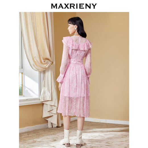 MAXRIENY真丝碎花长裙秋季V领连衣裙设计感A字裙(货号:MC87DR583) 商品图2