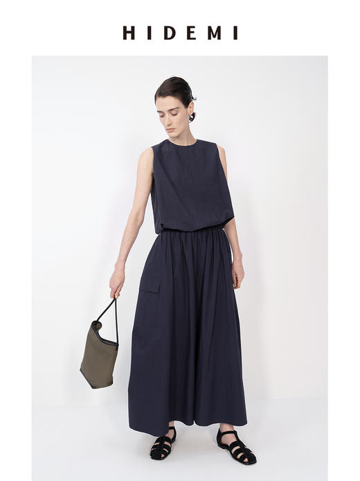HIDEMI 微褶皱水洗棉简约设计大口袋休闲伞状上衣半身裙套装 商品图10