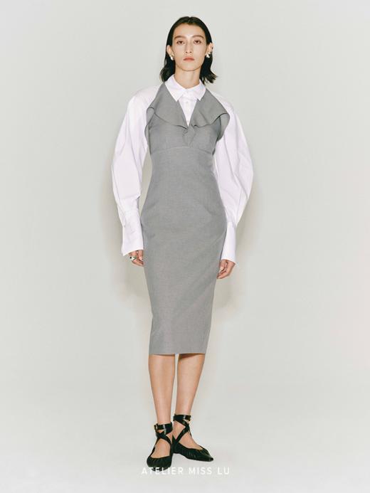 【尘埃浪花】波浪领撞色拼接露背挂脖修身连衣裙 商品图0