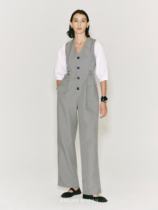 【月升之时】缝线设计可调节腰带中袖连体裤 商品图0