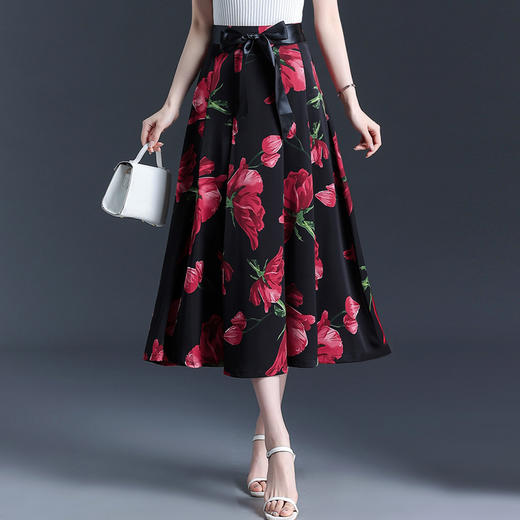 2024年春夏款长款印花百褶大摆裙高腰修身垂感气质半身裙时尚伞裙 商品图0