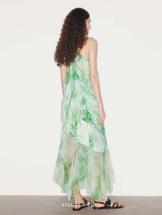 【绿野狂欢】品牌定染印花桑蚕丝挂脖抽褶上衣 商品图2