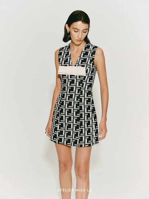 【夜网】品牌定制印花蝴蝶结撞色收腰A字连衣裙 商品图3