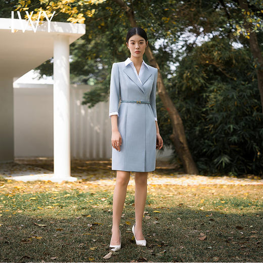 IWY/七分袖绑带蓝色连衣裙女春夏新款白领上班西装裙气质显白套裙Q14233 商品图3