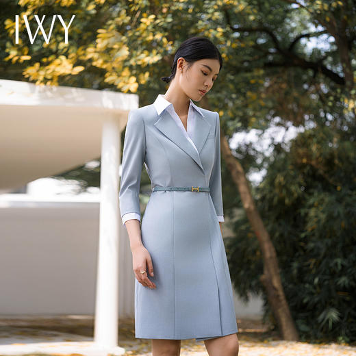 IWY/七分袖绑带蓝色连衣裙女春夏新款白领上班西装裙气质显白套裙Q14233 商品图2