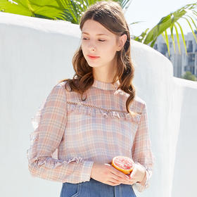 欧芮儿2021冬季新款长袖格子雪纺衫女木耳边镂空甜美chic套头衬衫
