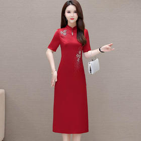 LRX-JDN8925-Y结婚礼服裙红色连衣裙2024年新款夏季短袖裙复古旗袍裙长款包臀裙