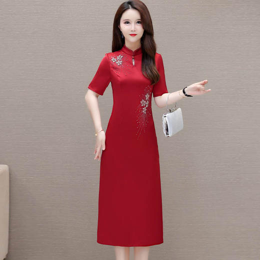 LRX-JDN8925-Y结婚礼服裙红色连衣裙2024年新款夏季短袖裙复古旗袍裙长款包臀裙 商品图0