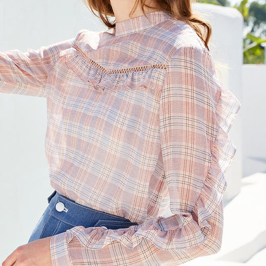 欧芮儿2021冬季新款长袖格子雪纺衫女木耳边镂空甜美chic套头衬衫 商品图2