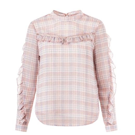 欧芮儿2021冬季新款长袖格子雪纺衫女木耳边镂空甜美chic套头衬衫 商品图3