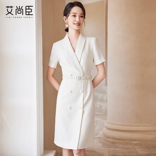 白色职业连衣裙女2024夏季修身显瘦高级感面试正式场合短袖西装裙 商品图0