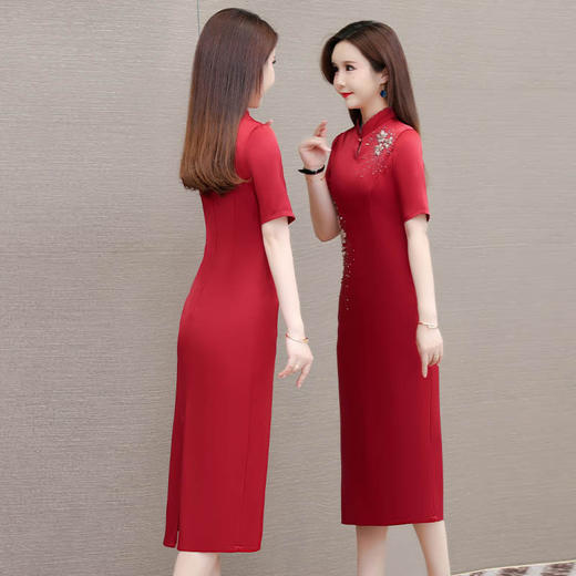 LRX-JDN8925-Y结婚礼服裙红色连衣裙2024年新款夏季短袖裙复古旗袍裙长款包臀裙 商品图2