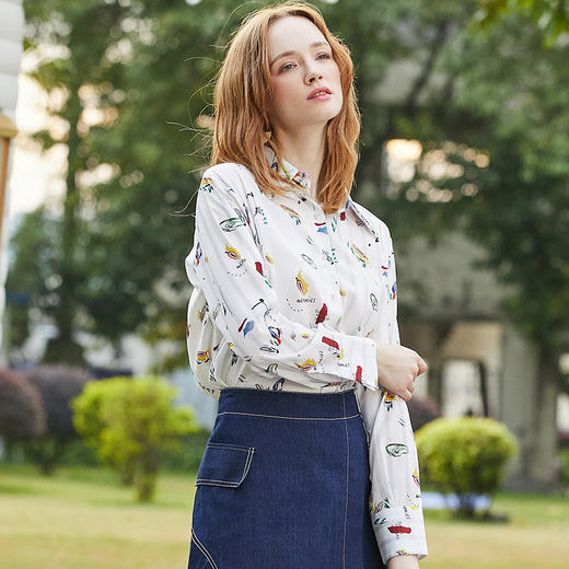 欧芮儿2021冬季新款女装印花白色衬衫女长袖OL风气质上衣 商品图0