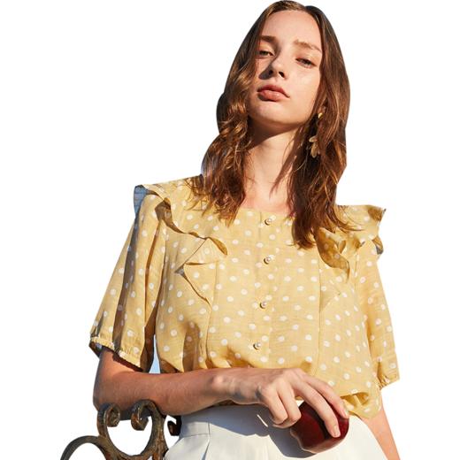 欧芮儿2019夏新款短袖黄色波点雪纺衫女荷叶边宽松气质很仙上衣 商品图3